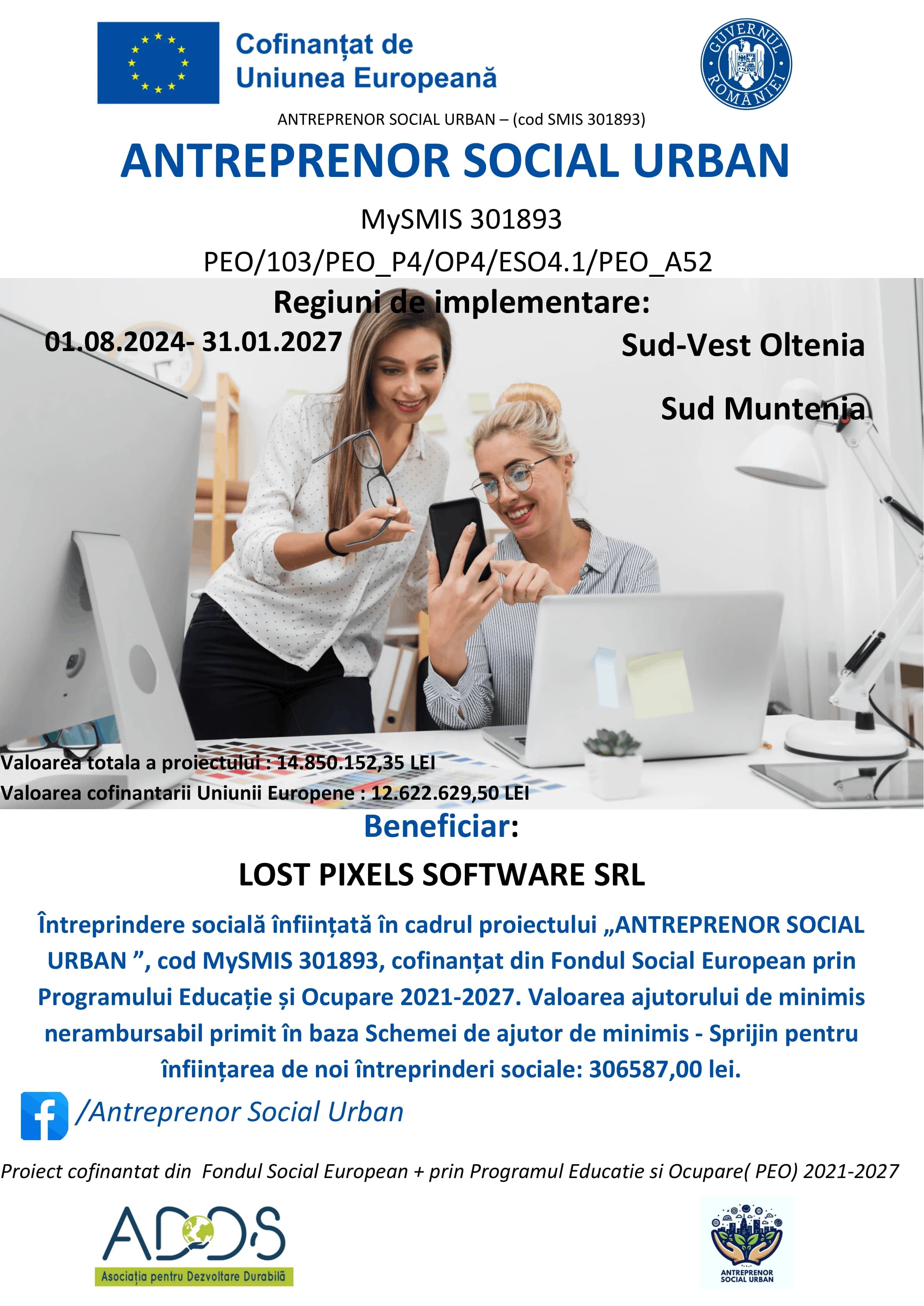 Antreprenor Social Urban — EU co-funded project banner for Lost Pixels Software SRL