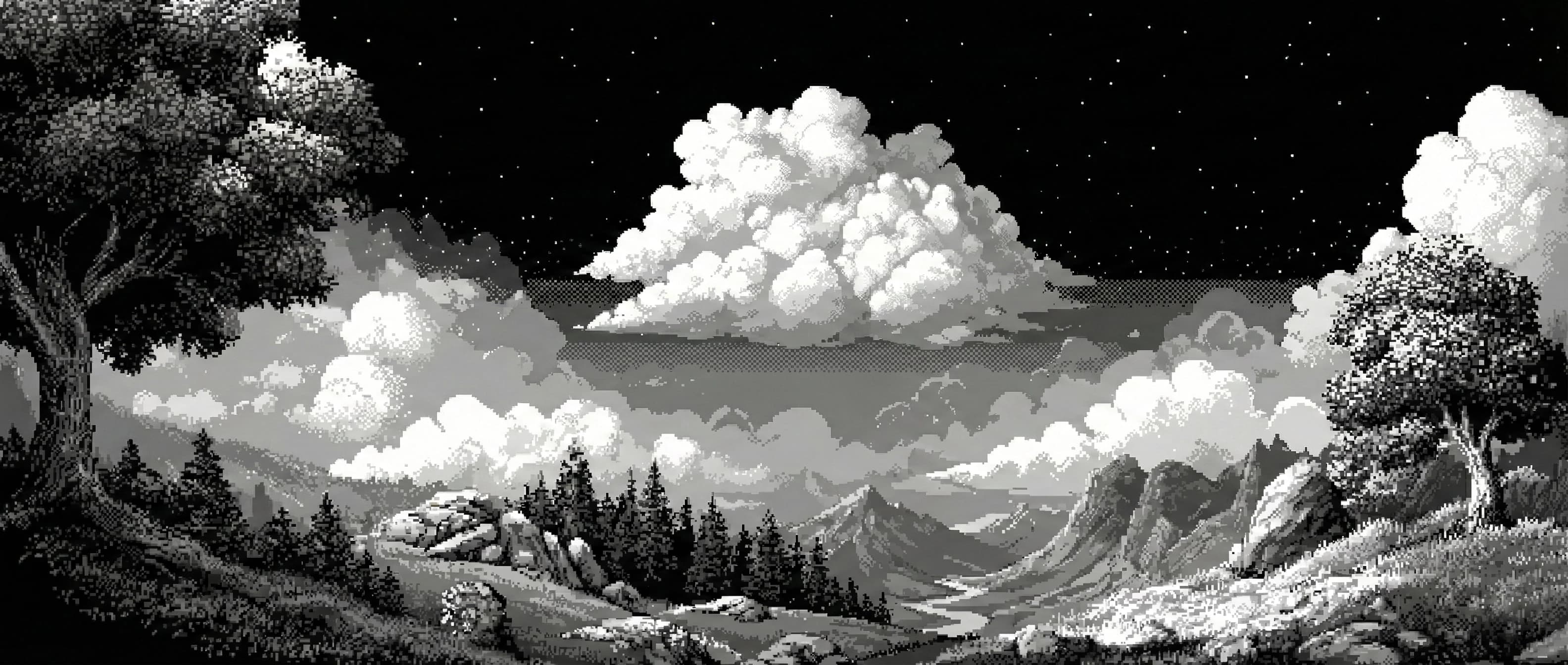 Pixelated painting of some mountains